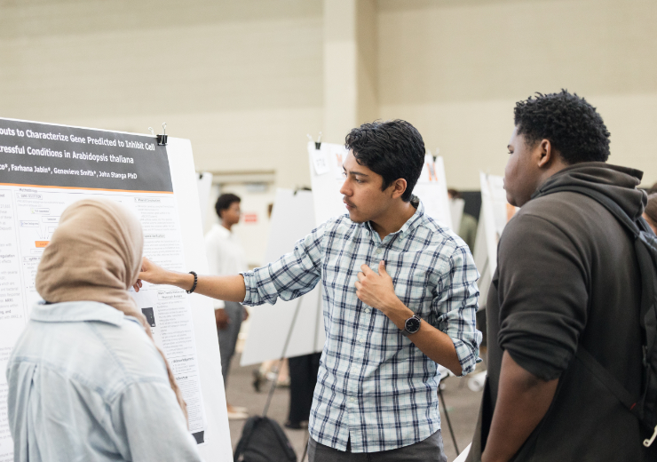 A Mercer students gestures to his research poster as he talks to two other students.