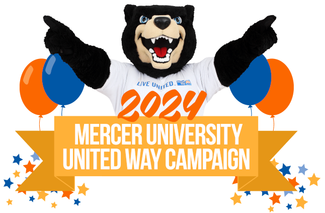 2024 Mercer University United Way Campaign banner has Toby surrounded by balloons