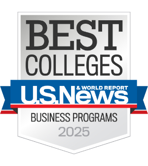 Silver logo that says Best Colleges, Business Programs, 2025. A blue and red ribbon in the middle says U.S. News & World Report.